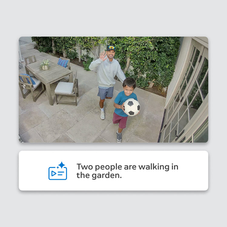 Ring Outdoor Camera 4K Plus live view on a smartphone showing a person and child walking in the garden with a descriptive summary