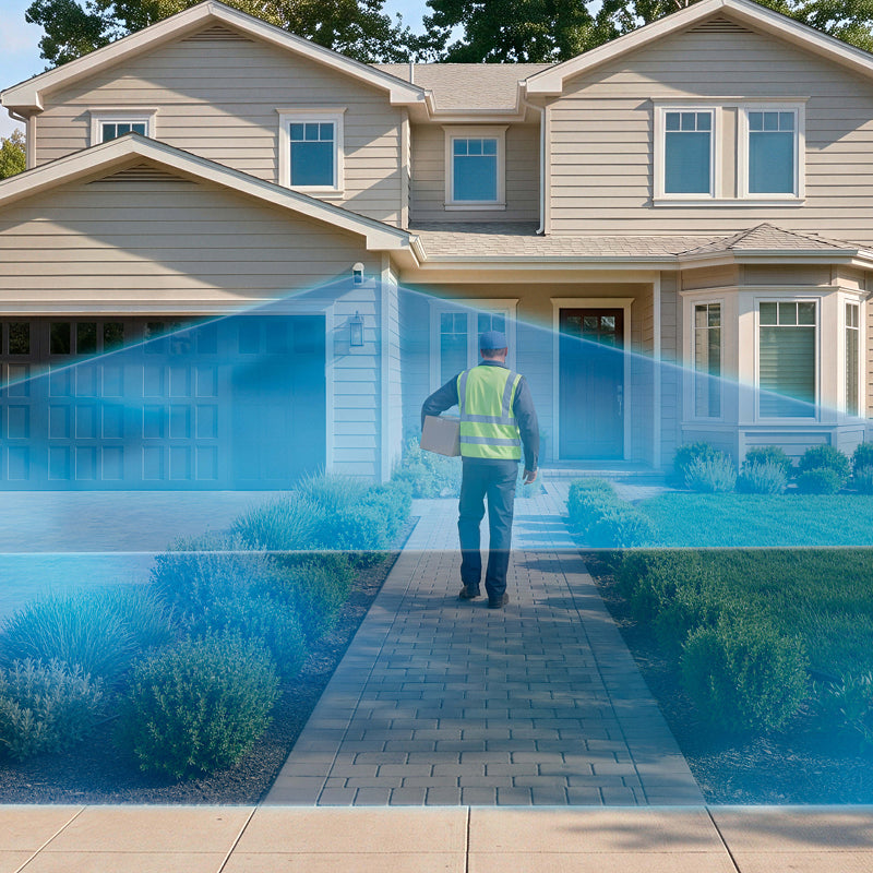 Ring Outdoor Camera 4K Plus property overview with detection zone overlay on a two-storey suburban home.