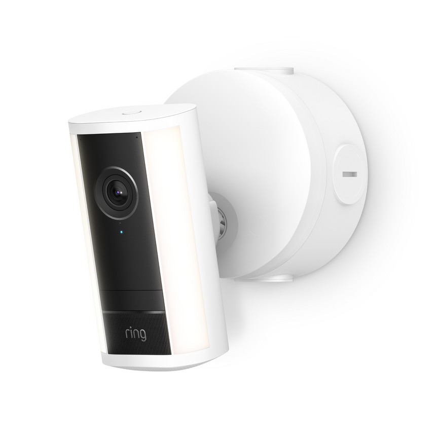 White Ring Spotlight Cam Pro (newest gen) attached to a wall mount.