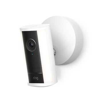 White Ring Spotlight Cam Pro (newest gen) attached to a wall mount.