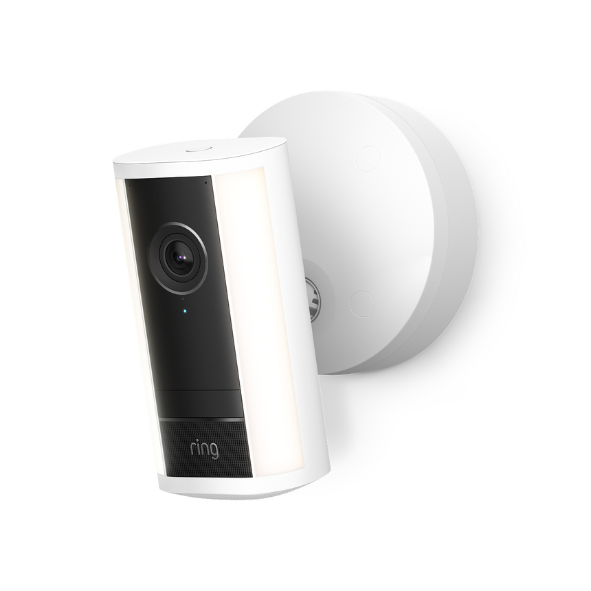 White Ring Spotlight Cam Pro (newest gen) attached to a wall mount.