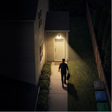Person walking towards a door at night, illuminated by Spotlight Cam's motion-activated LED lights mounted above.