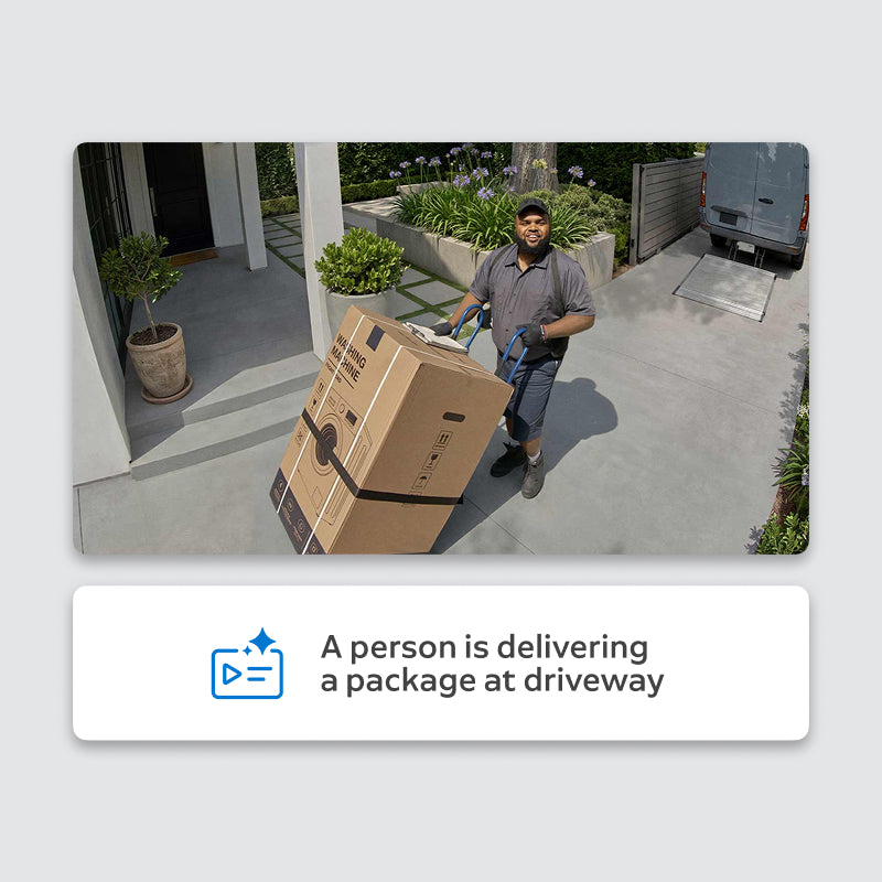 Ring Outdoor Camera 4K Plus live view on a smartphone showing a courier delivering a large boxed appliance, van in background