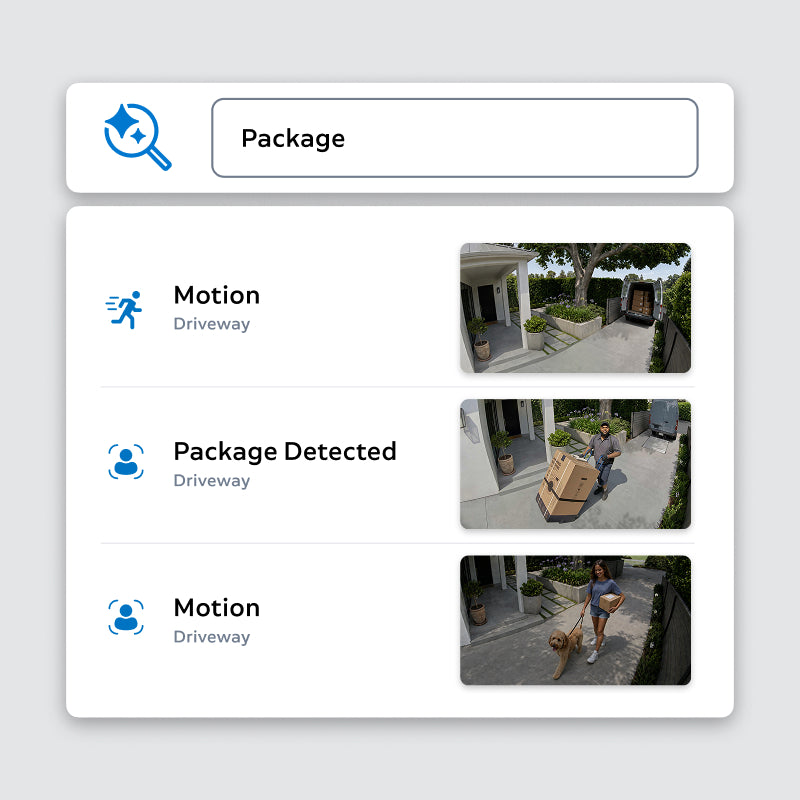 App screen showing search for 'Package' with 3 clips: van with open doors, courier delivering appliance, person with dog