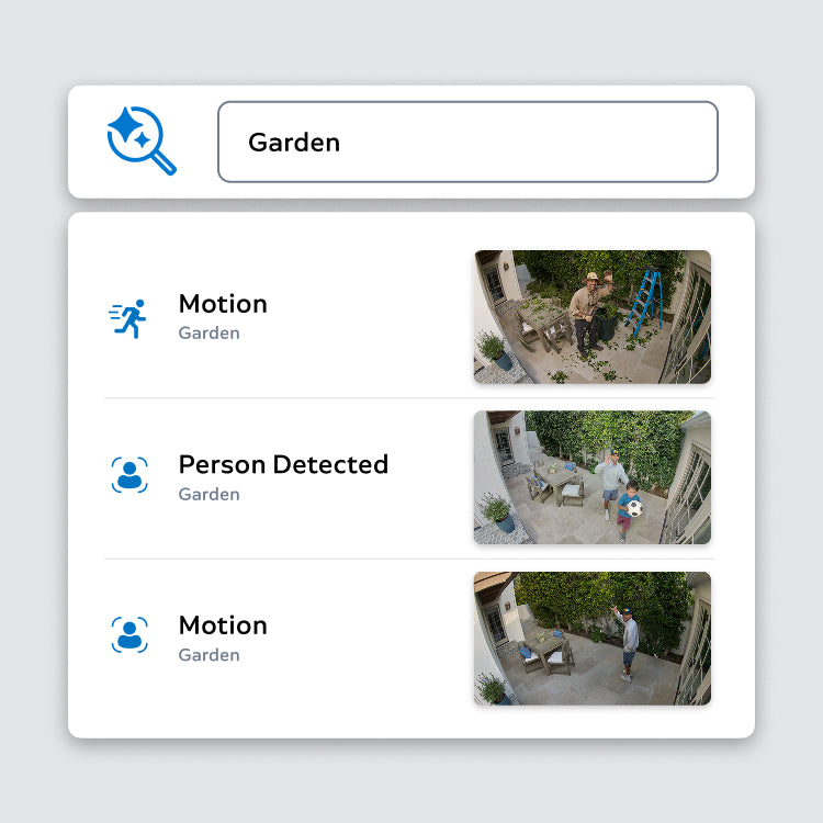 App screen showing search for 'Garden' with 3 clips: gardener cutting hedge, two people walking with ball and person with arm in air