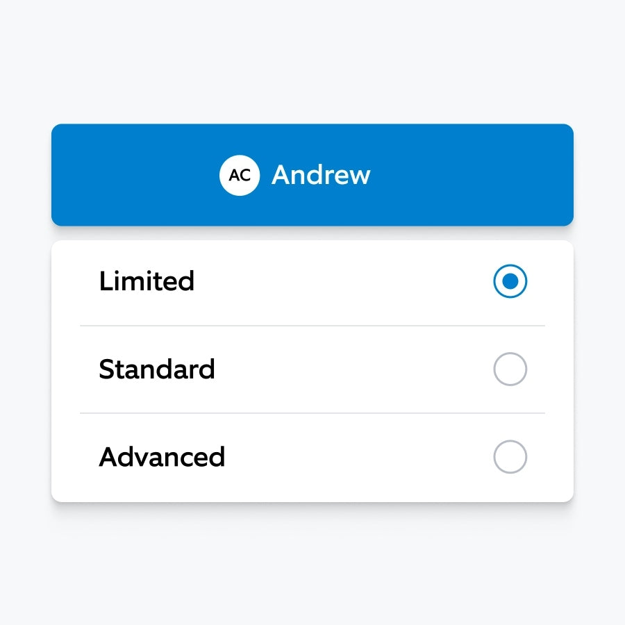 Screen in Ring app displays three subscription tiers,  ‘Limited’, ‘Standard’ and ‘Advanced’. Name Andrew is at top with 'Limited' selected,